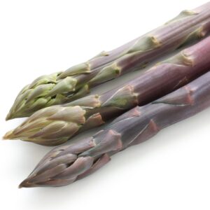 Three purple and green asparagus spears with thick, textured tips