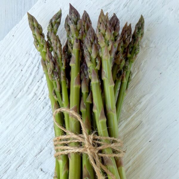 Bunched asparagus spears bound by tied string on a white, wooden table