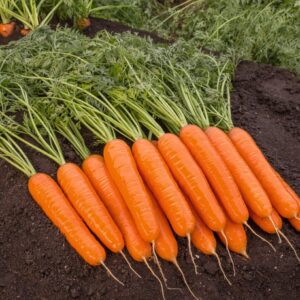 bunch of long rooted, orange carrots in the garden on soil