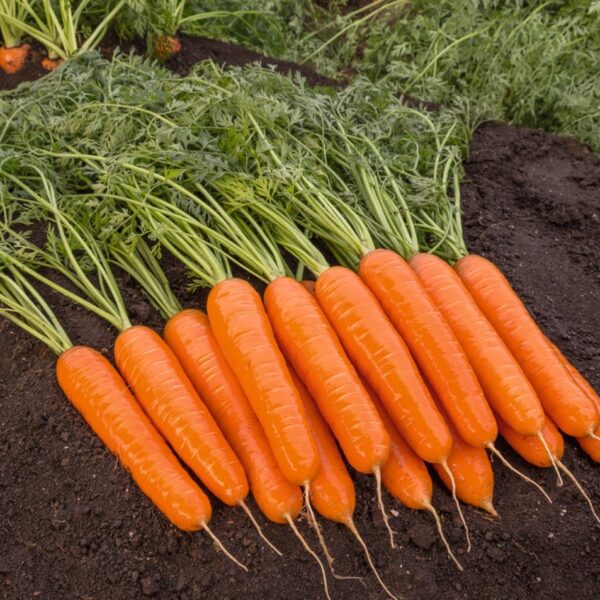 bunch of long rooted, orange carrots in the garden on soil